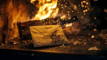 Burning letter releasing ashes into the air from a fireplace representing the concept of finality and closure through destruction  The flames and smoke convey a sense of transformation change