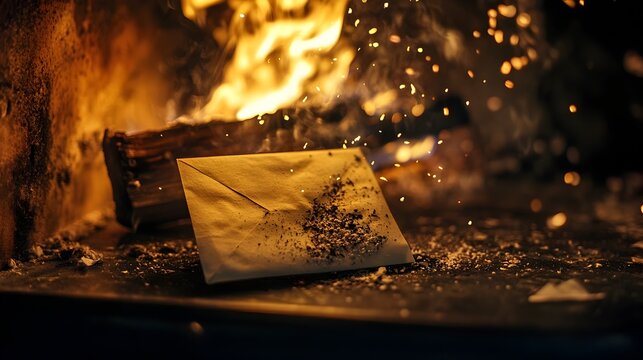 Burning letter releasing ashes into the air from a fireplace representing the concept of finality and closure through destruction  The flames and smoke convey a sense of transformation change