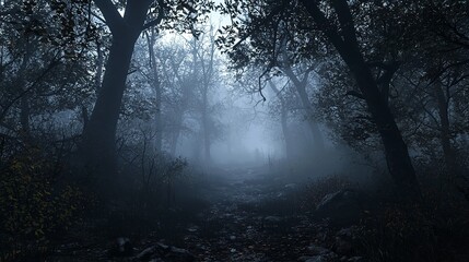 Mystical forest with fog-shrouded trees, nature of mystery background