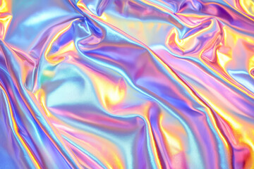 Obraz premium Holographic iridescent surface wrinkled foil. Abstract iridescent holographic cloth background.