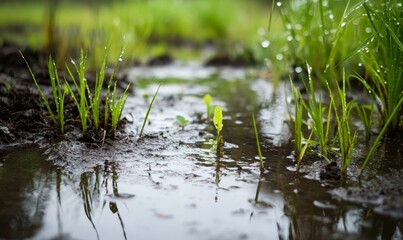 Naklejka premium Water-filled ditch with green grass and reflections.