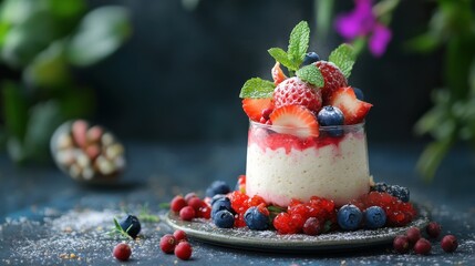 Sweet Delight: Vibrant Strawberry Blueberry Cake on a Fresh Table Setting