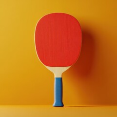 Red ping pong paddle with blue handle on yellow background
