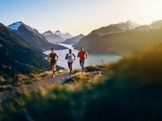 Fototapeta premium Three men run on a dirt path up a mountain during sunset.