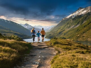 A family of three runs along a mountain path, looking out at a scenic view.