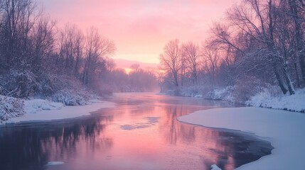 A frozen river reflecting a pink sunrise through bare trees