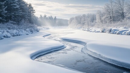 Fototapeta premium A Winding River Flowing Through a Snow-Covered Forest