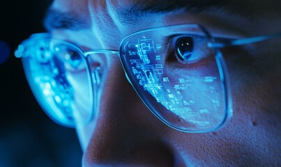 Close up of eye with blue digital overlay.