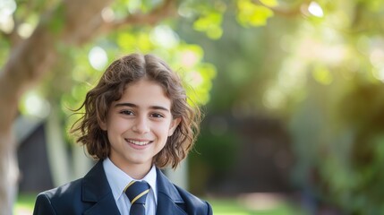 A happy student in a uniform stands outside, surrounded by greenery