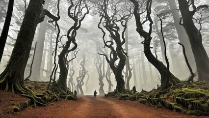 A foggy pathway winding through an eerie forest of twisted trees, with silhouettes of people disappearing into the mist, evoking a sense of mystery and serenity