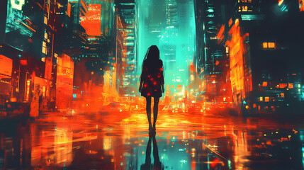 Young woman standing in a cyberpunk street city with neon lights in orange and teal background. image generative ai. Cyberpunk Fashion. Illustration