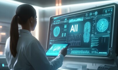 A woman in a white lab coat looks at an