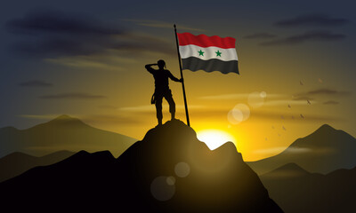 Syria flag, silhouette of man holding flag on Sunset cliff. Vector Illustrator