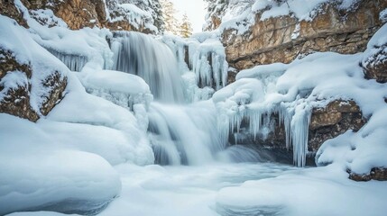 Frozen Waterfall Cascading Through a Snowy Mountain Gorge