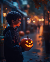 Boy with pumpkin on the street on Halloween