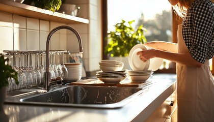A man is washing dishes in the kitchen with a window view.
