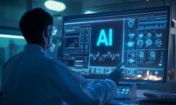 Person in lab coat analyzing AI data on computer screen.