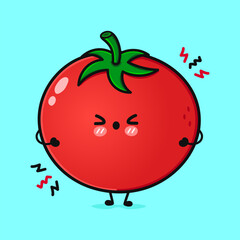 Angry Tomato character. Vector hand drawn cartoon kawaii character illustration icon. Isolated on blue background. Sad Tomato character concept