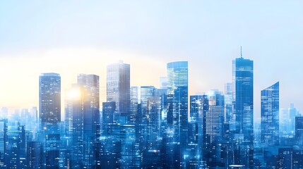 Obraz premium A stunning cityscape featuring modern skyscrapers illuminated by the soft glow of the rising sun against a blue sky.