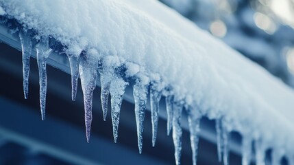 Icicles Hanging From a Roof Covered in Snow