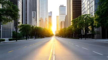 Obraz premium A stunning sunrise illuminating a city street, flanked by towering skyscrapers and lush trees, creating a serene urban landscape.