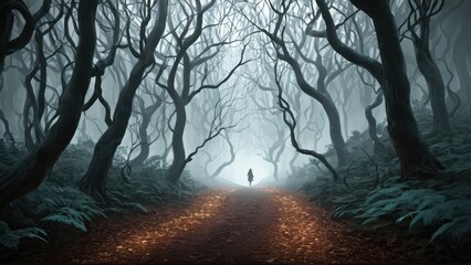 Obraz premium A misty forest with twisted, bare trees lining a fog-covered path leading to a glowing light, creating a mysterious and eerie atmosphere