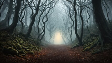 A foggy woodland trail with gnarled trees stretching towards a distant glow, giving the forest an eerie, mystical, and otherworldly feel