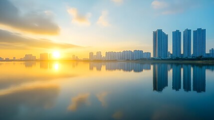 Fototapeta premium A stunning sunrise illuminating skyscrapers mirrored on a serene lake, showcasing the beauty of urban life and nature.