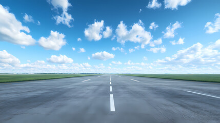 Wide view of an empty airport runway under a blue sky with clouds, ready for takeoff or landing in clear weather conditions. Runway Model. Illustration