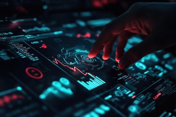 A Hand Interacting with a Futuristic Tech Interface with Blue and Red Hues