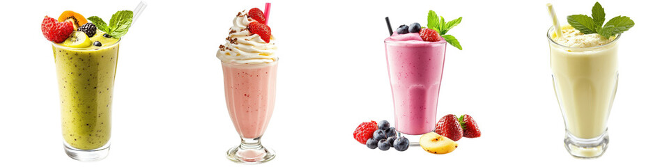 Assortment of Delicious Fruit Smoothies and Milkshakes in Glasses with Fresh Ingredients like Strawberries Blueberries Kiwi Banana and Mango  Healthy Refreshing