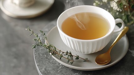 Relaxing Moment: A Charming White Teacup of Herbal Tea on a Stylish Gray Tabletop – Perfect for Home Decor or a Serene Poster in Your Leisure Space!