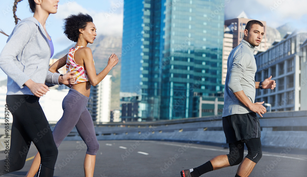 Wall mural Running, workout and fitness with friends in city for start of training, coaching and wellness. Race, exercise and marathon cardio with people for personal trainer, health and sports performance