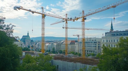 Cityscape under construction, with several large yellow construction cranes