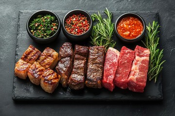 luxurious beef cuts arranged on black plate highlighting marbling and texture tbone wagyu and rib eye steaks presented with culinary flair