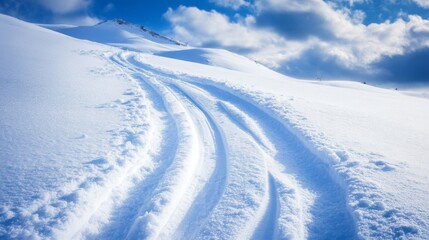 Snow-Covered Mountain Peak with Ski Tracks and Blue Sky