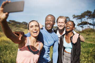 Fitness, happy friends and selfie outdoor after exercise, workout or laugh together. Sports, people and group take picture in nature for memory on social media, wellness blog or training healthy body