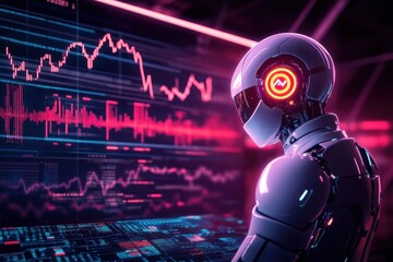 A futuristic white robot analyzing data on a computer screen.