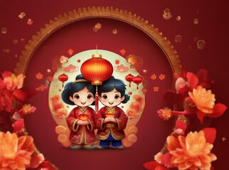 Two children, dressed in traditional red and gold attire, hold lanterns against a red background with blooming flowers.