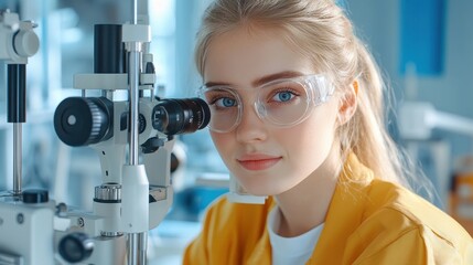Patient undergoing an eye examination with modern digital equipment in a bright room