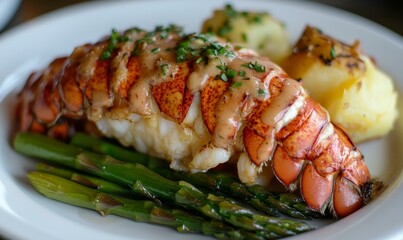 Lobster tail with asparagus and potatoes on a white plate.