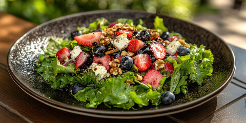 A fresh salad featuring mixed greens, strawberries, blueberries, walnuts, and feta cheese . AI generative