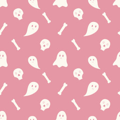 Ghosts and bones seamless pattern. A fun and spooky pattern with ghosts and bones. Pink background.