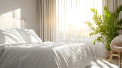 Bright bedroom with a bed, natural light, and greenery, creating a calm and inviting atmosphere for relaxation.