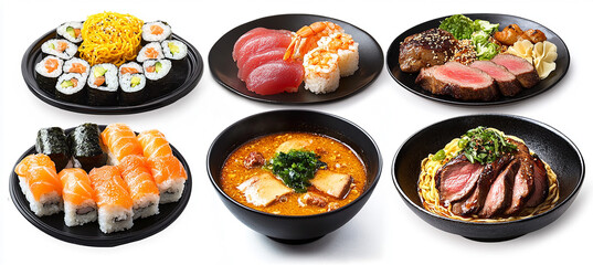 different Japanese food items on a white background