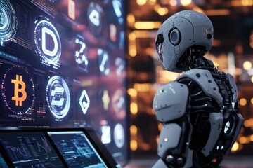 Futuristic Robot Monitoring Cryptocurrency Data on Multiple Screens