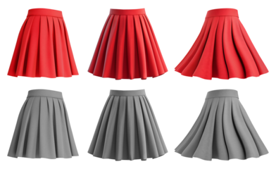 2 Set of red maroon grey gray short mini pleated A-line textured tennis flowy flare skirt, front side twirl on transparent cutout, PNG file. Many different angle. Mockup template for artwork design