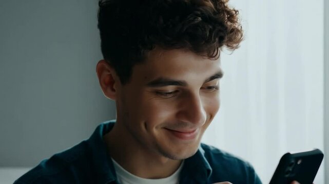 Close-up of a young man scrolling through social media on his smartphone, smiling as he engages with content.
