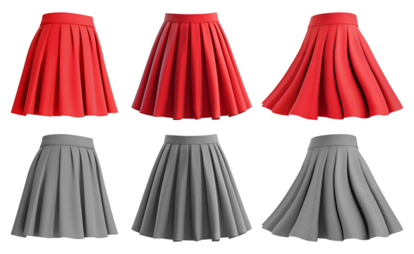 2 Set of red maroon grey gray short mini pleated A-line textured tennis flowy flare skirt, front side twirl on transparent cutout, PNG file. Many different angle. Mockup template for artwork design