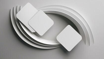 3d render, abstract white geometric background, minimal flat lay, twisted deck of square blank cards with rounded corners